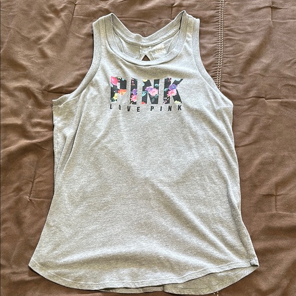 PINK Victoria's Secret Gray and Pink Relaxed Cut Out Tank Top - Picture 1 of 4